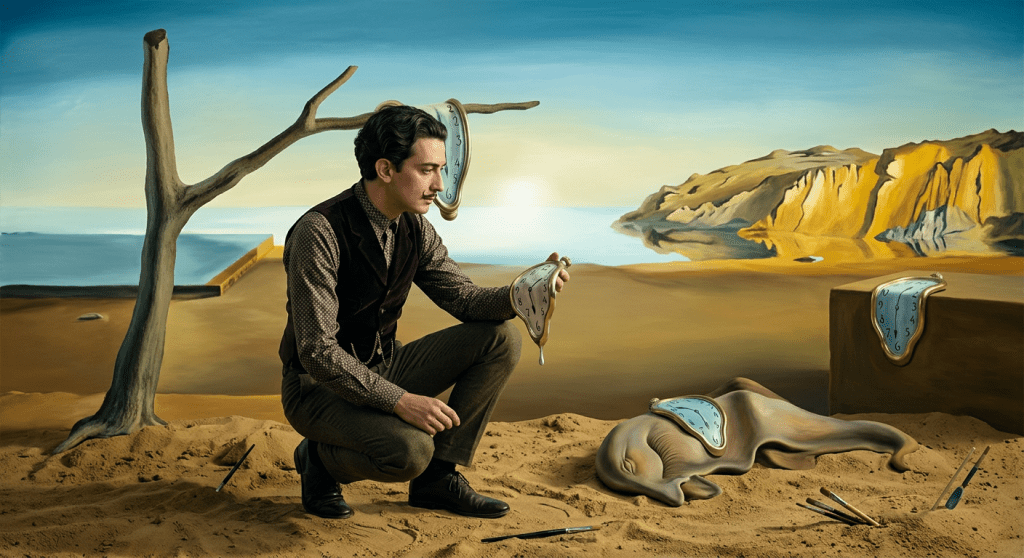 Man kneeling in desert holding melting clock with other melting clocks on tree and objects